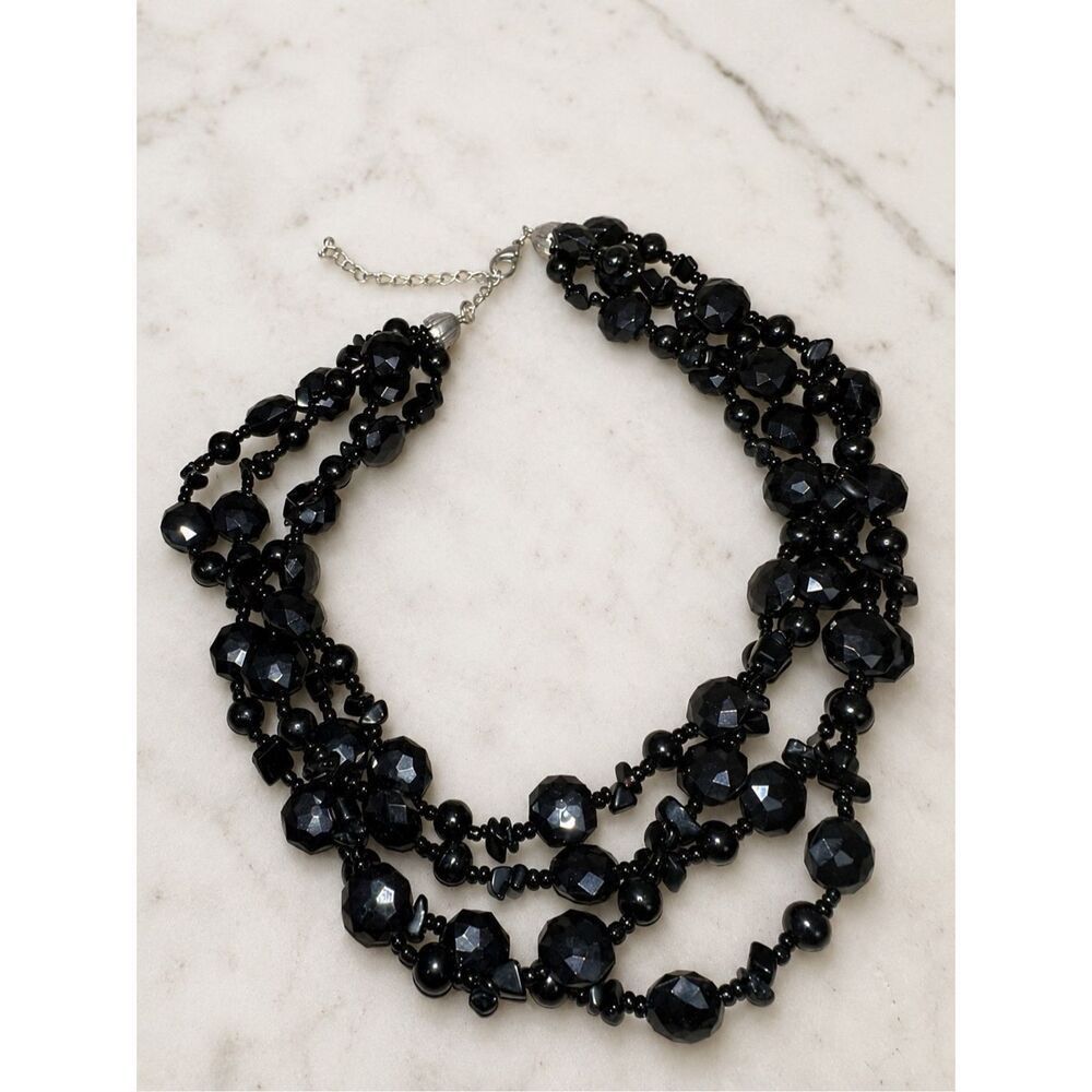 Charming Charlie Black Multi Strand Beaded Statement Necklace Faceted Bib Adjust